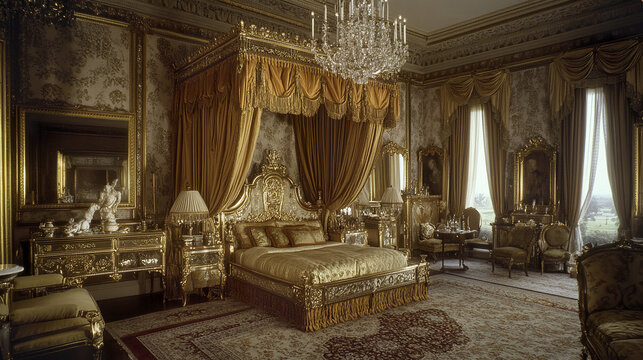 Luxurious bedroom with ornate gold canopy bed and chandelier