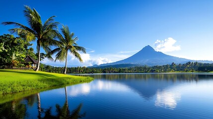 Serene lake view with palm trees and majestic volcano under a vibrant blue sky.