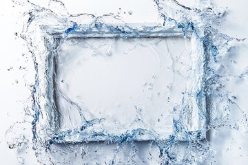 Fototapeta premium A splash of water forming a frame on a white background, ideal for creative and freshness-themed designs.