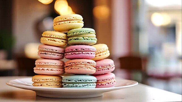 Colorful macarons stacked on a white plate, blurred background.