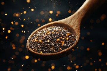 Chia seeds in a wooden spoon