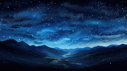 Fototapeta premium A mesmerizing starry night sky filled with glowing stars and constellations, casting light over abstract, wavy blue hills, with swirling patterns in the air creating a magical and artistic ambiance, i