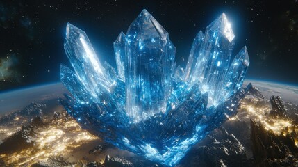 Obraz premium A floating fortress built entirely from glowing crystal, its towers connected by radiant bridges of light. Hovering above a vibrant nebula, the fortress radiates beams of energy that blend seamlessly 