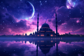 Obraz premium Background-Majestic Mosque Under a Moonlit Sky Reflecting in Tranquil Water with Vibrant Colors. Ai generative