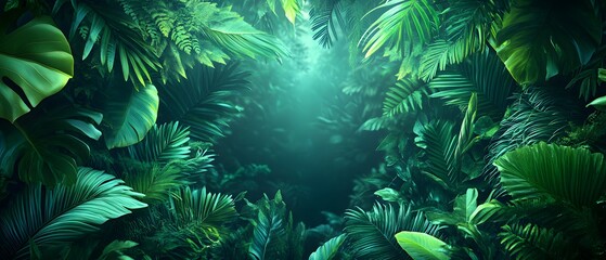 A magical image framed by glowing green tropical leaves on a dark background. Perfect as a design background for a fantasy atmosphere or a glowing nature theme, with a mysterious, enchanting feel.