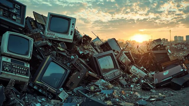 Dramatic Sunset Over a Dump of Vintage Televisions and Electronic Waste in an Urban Setting