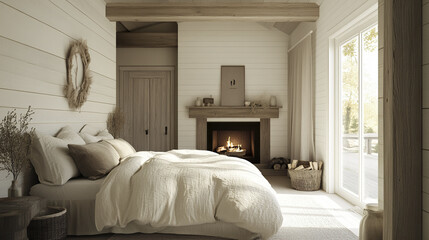 Cozy white bedroom with warm fireplace and rustic elegance