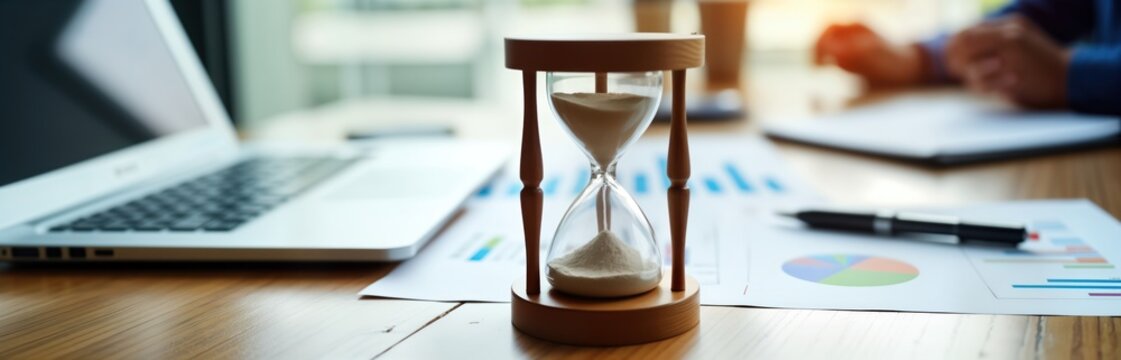 Hourglass on office desk time pressure. Business documents, graphs show financial data. Laptop, office supplies present. Insurance manager banker works on important tasks. Concept of deadline, time