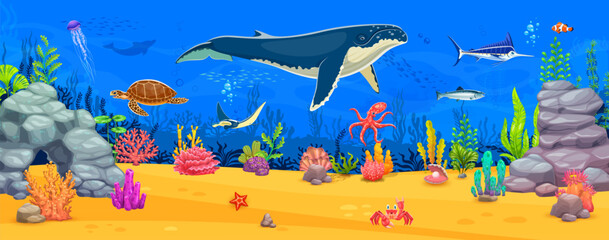 Cartoon underwater landscape with whale, sea animals and fishes, vector background. Undersea with big whale, octopus and turtle or jellyfish with marlin and clownfish of ocean coral reef landscape