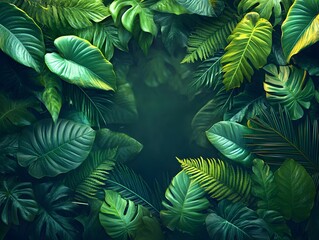 A magical image framed by glowing green tropical leaves on a dark background. Perfect as a design background for a fantasy atmosphere or a glowing nature theme, with a mysterious, enchanting feel.