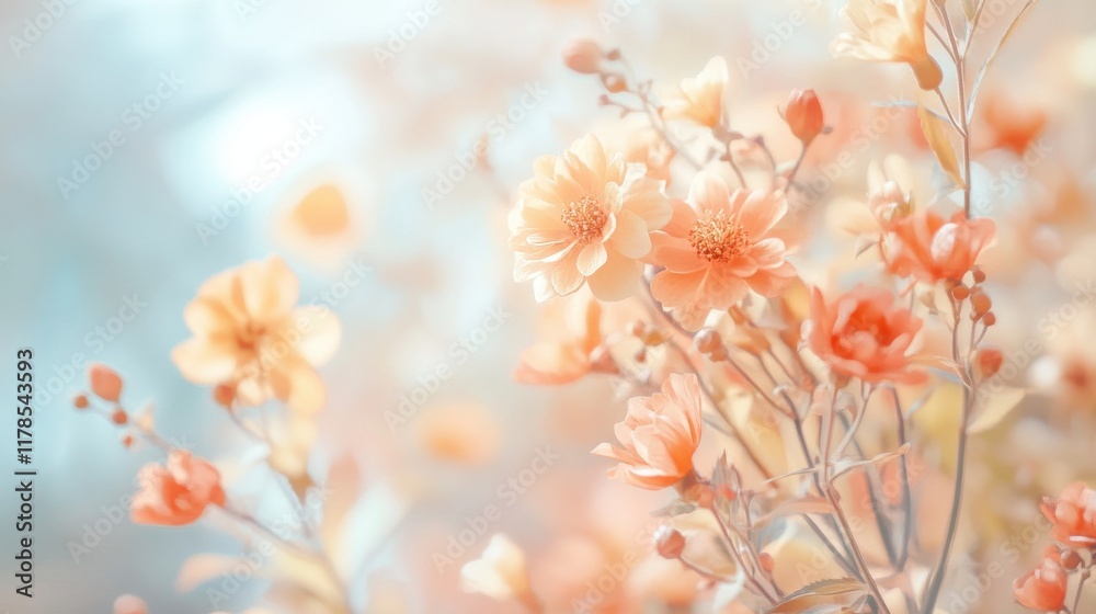 Poster pastel amber and coral flowers creating a serene and airy atmosphere in a softly blurred background