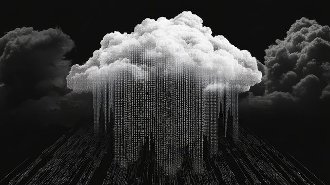 Abstract image of a cloud with binary code rain, symbolizing data storage and digital technology on a dark background.