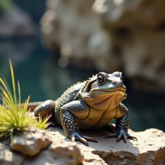 Obraz premium Bearded Reedhaunter basking on rocky outcrops, amphibian, reptile, rocky terrain