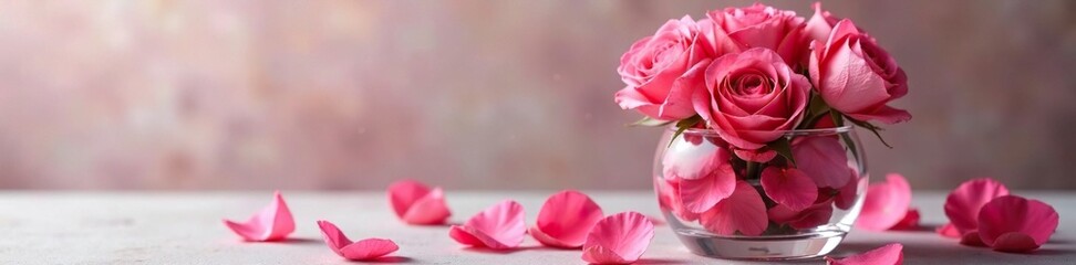Fototapeta premium Elegant glass vase filled with fresh rose petals, florals, aromatics