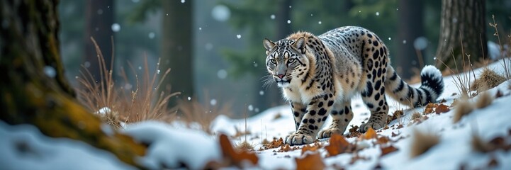 Obraz premium Snow leopard crouching low to stalk prey in forest, camouflage, predators, wildlife