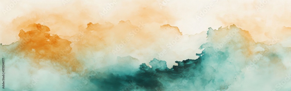 Poster minimalist composition with soft pastel amber and teal jagged blotches blending harmoniously in a na