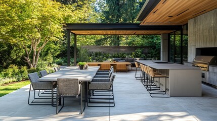 A table and chairs in a sunny garden, perfect for outdoor relaxation and dining