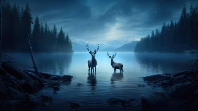 A cinematic scene of the glowing stag and doe Patronus standing together by the tranquil Great Lake at night. The stag is strong and majestic, with glowing antlers, while the doe shines with a soft, g