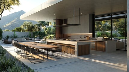 Modern outdoor kitchen and dining area with table and chairs in luxury apartment with stylish furniture