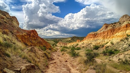 Obraz premium Colorful rock formations and dramatic clouds create a stunning view in the canyon landscape