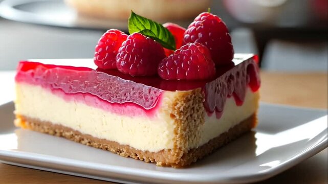Delicious raspberry cheesecake slice on a white plate.