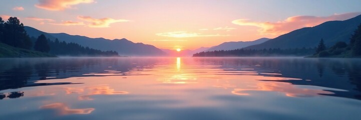 Naklejka premium Gentle ripples disturb the otherwise glassy lake surface at dawn, stillness, peaceful, lake