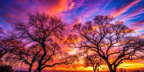 Fototapeta premium Surreal Dawn Silhouettes of Trees against a Splendid Sky - Captivating Nature Photography, Beautiful Landscapes, Tranquil Mornings, Dreamy Atmospheres, Serene Views, Ethereal Scenes