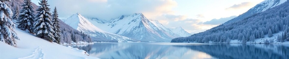 A snow-covered mountain range with a frozen lake and trees, serene scenery, frost