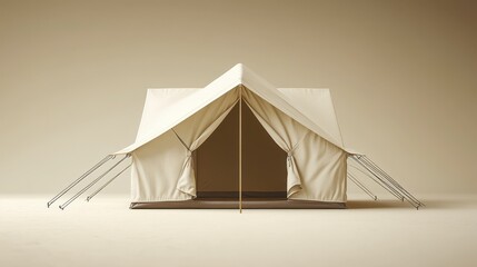 Beige canvas tent on beige background, open entrance.