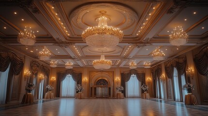 Obraz premium A grand ballroom featuring elegant chandeliers, ornate decor