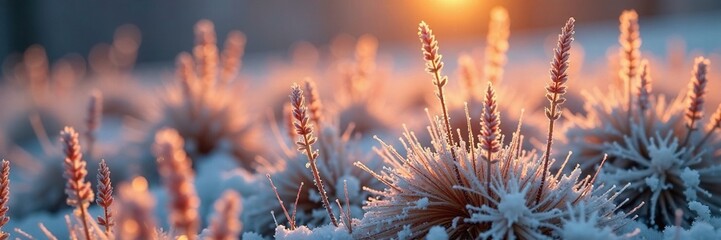 Water droplets glisten on the prickly stems of Bromus erectus in early winter frost, wildkeit, frost, Stacheln