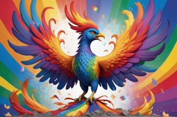 Obraz premium A rainbow-colored phoenix rising from ashes, symbolizing resilience and rebirth, with its wings composed of diverse LGBTQ+ flags in a dynamic, swirling pattern.