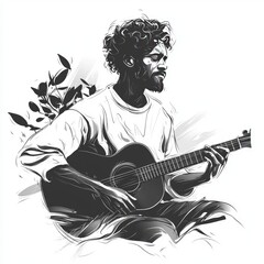 Passionate Guitar Player: Monochrome Music Illustration