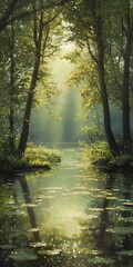 Obraz premium Sunlit forest stream surrounded by lush greenery, creating a peaceful and tranquil nature scene with reflections on the water.