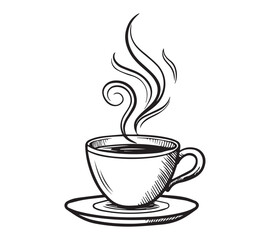 Black and white one line art icon drawing a coffee with white background