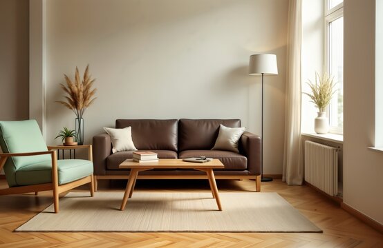 Modern living room design with comfortable brown leather sofa, light teal armchair. Wooden coffee table sits in front of sofa. Stylish decor includes vase with dried flowers. Natural light fills room