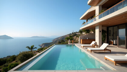 Fototapeta premium Luxury villa with infinity pool and ocean view, sun loungers, modern architecture, stunning landscape