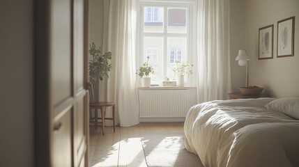 Bright Scandinavian bedroom with large window and soft daylight