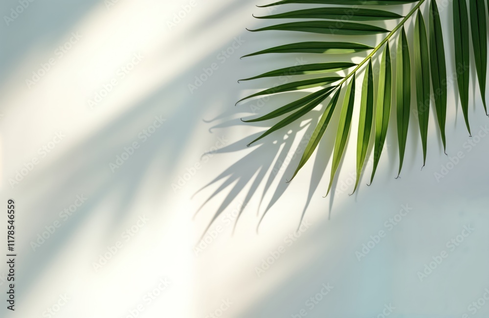 Poster indoor studio shot. palm leaf casts shadows on light background. natural light creates minimalist ae