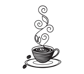 Black and white one line art icon drawing a coffee with white background