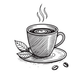 Black and white one line art icon drawing a coffee with white background