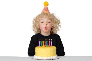 A joyful child wearing a party hat blows out candles on a yellow birthday cake, celebrating a special moment.