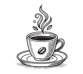 Black and white one line art icon drawing a coffee with white background
