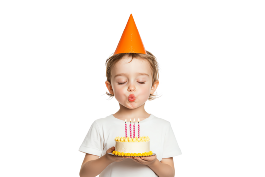 A child wearing a party hat blows on a birthday cake with candles, celebrating a joyful occasion.