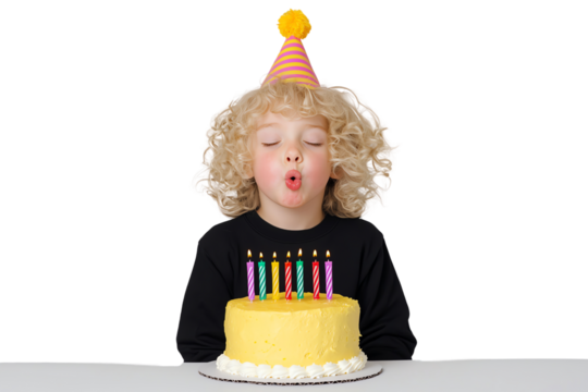 A joyful child wearing a party hat blows out candles on a yellow birthday cake, celebrating a special moment. - Powered by Adobe