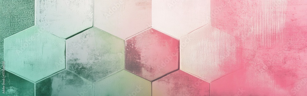 Poster elegant minimalist hexagon design with gradient pink and green hues fading into the background