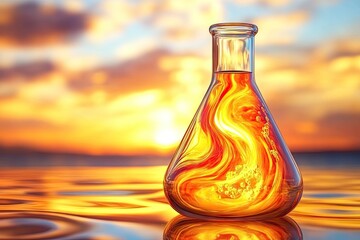 A colorful liquid in a laboratory flask against a sunset backdrop.