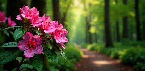 Rhododendron flowers on a forest path with greenery, nature, bloom