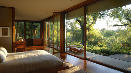Fototapeta premium Sleek bedroom with large windows framing lush patio view