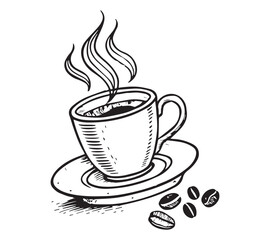 Black and white one line art icon drawing a coffee with white background